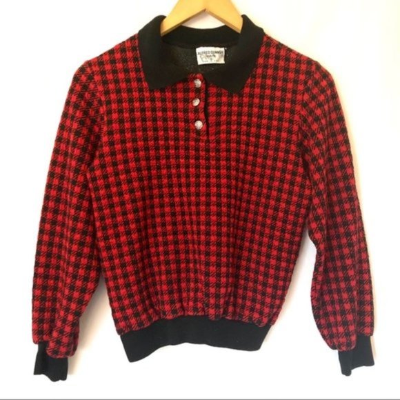 Vintage Sweaters - VINTAGE Pullover Red Black Houndstooth Sweater S